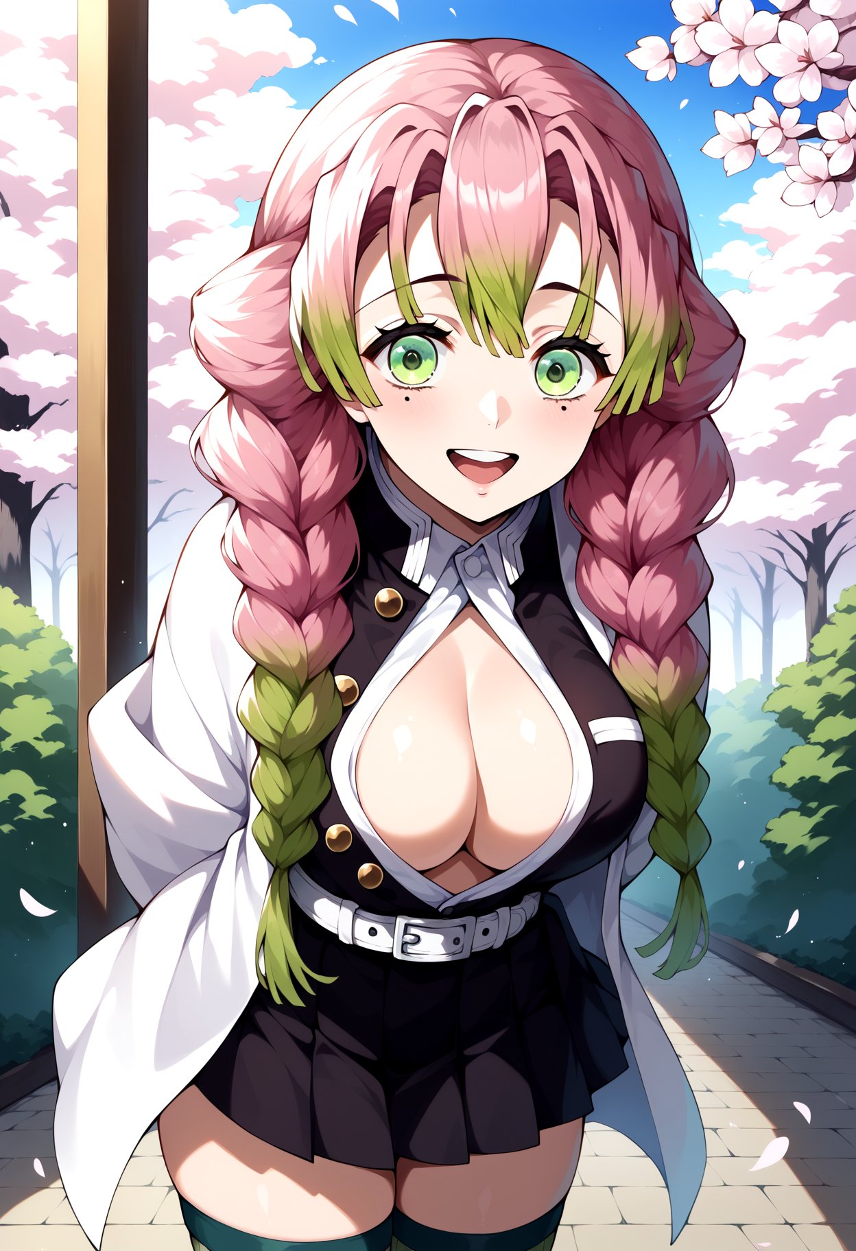 score_9, score_8_up, score_7_up, source_anime, aamitsuri, long hair, braid, multicolored hair, green eyes, mole under eye, large breasts, japanese clothes, cleavage, white jacket, haori, black shirt, open clothes, belt, pleated skirt, black skirt, green thighhighs, ribbed legwear, <lora:kanroji_mitsuri_ponyxl_v1:0.8>, smile, open mouth, standing, cowboy shot, leaning forward, bent over, outdoors, cherry blossoms, arms behind back,