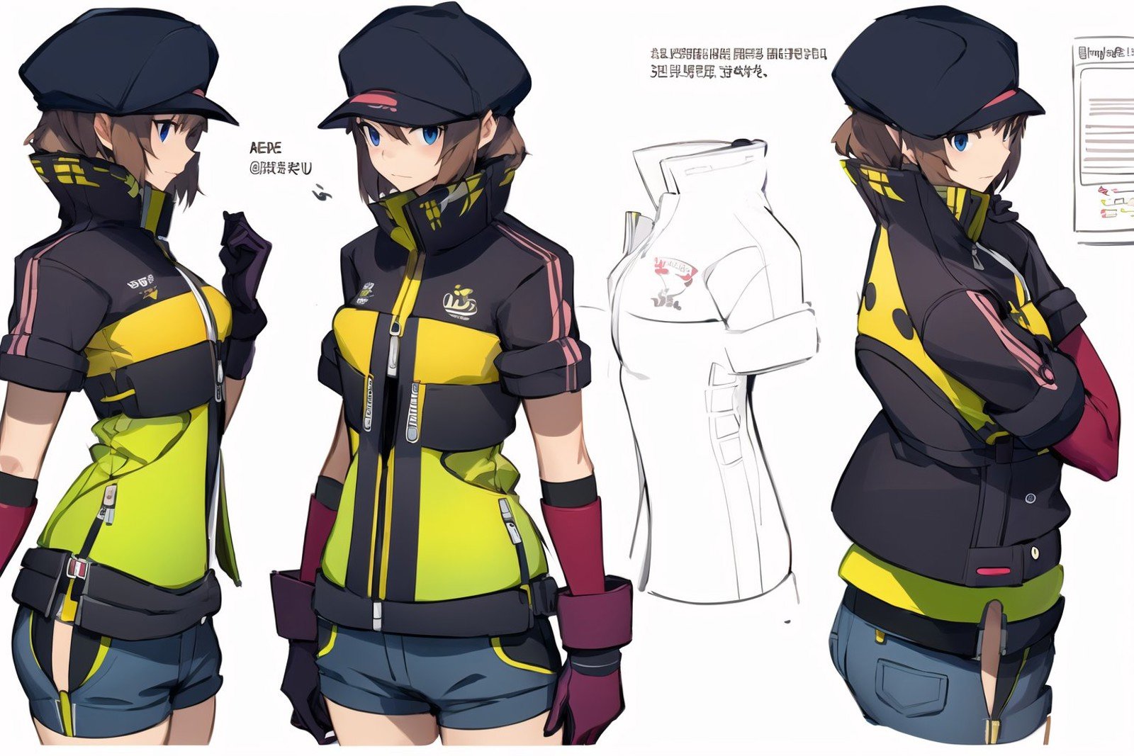 (masterpiece, best quality:1.2), <lora:style_panamaman_s4-20:1>, (thick outline:1.1), multiple views, reference sheet, solo, 1girl, expressionless, closed mouth, short hair, blunt bangs, blue eyes, hat, cropped jacket, yellow shorts, gloves