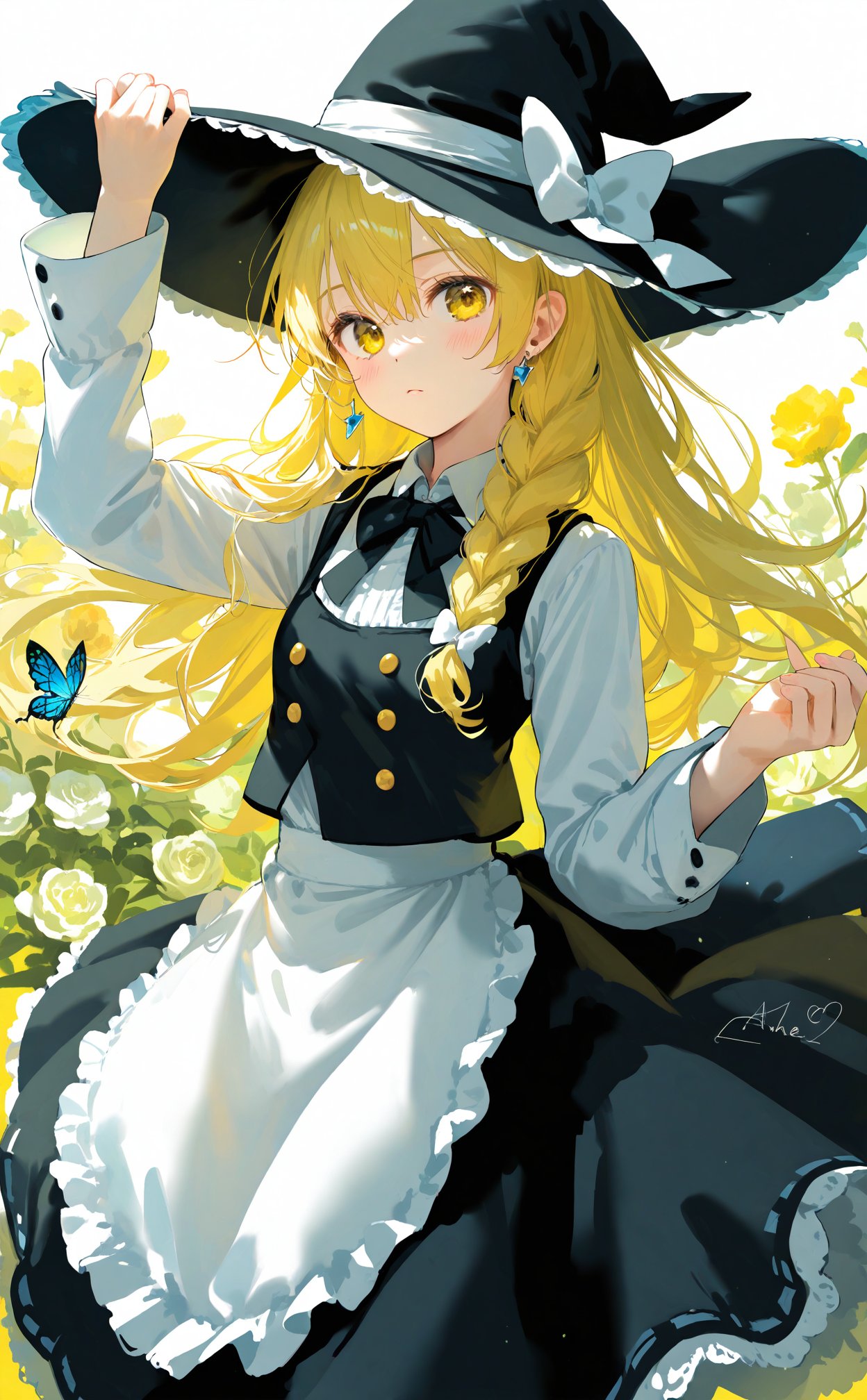 masterpiece,best quality,illustration,ultra detailed,hdr,Depth of field,(colorful),Artist ame929,1girl,hat,kirisame marisa,blonde hair,solo,yellow eyes,bug,witch hat,butterfly,long hair,braid,bow,flower,apron,black headwear,single braid,long sleeves,hair ornament,earrings,jewelry,white bow,hair flower,shirt,white shirt,closed mouth,hair between eyes,waist apron,white apron,black bow,white flower,hat bow,black skirt,blush,bowtie,skirt,black bowtie,looking at viewer,rose,hair bow,vest,black vest,frills,signature,buttons,hand on headwear,