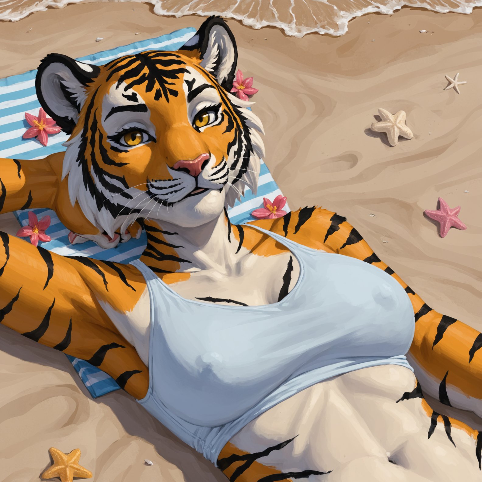 closeup artwork, anthro tiger female, laying on a beach, wearing summer shirt outfit