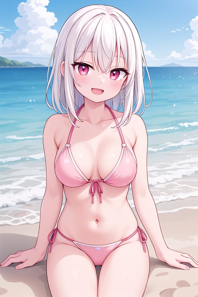 insanely detailed, absurdres, ultra-highres, ultra-detailed, best quality,(wearing pastel pink bikini:1.2),1 girl, solo, happy smile, laugh, open mouth,BREAKsitting on beach, dynamic pose, cowboy shot, looking at viewer,slender, kawaii, perfect symmetrical face, ultra cute girl, ultra cute face, ultra detailed eyes, ultra detailed hair, ultra cute, ultra beautiful,BREAKbeach, coast, ocean, blue sky, cloud, outdoor, ultra detailed background,medium large breastsBREAK(white hair:1.3), medium hair, dark red eyes