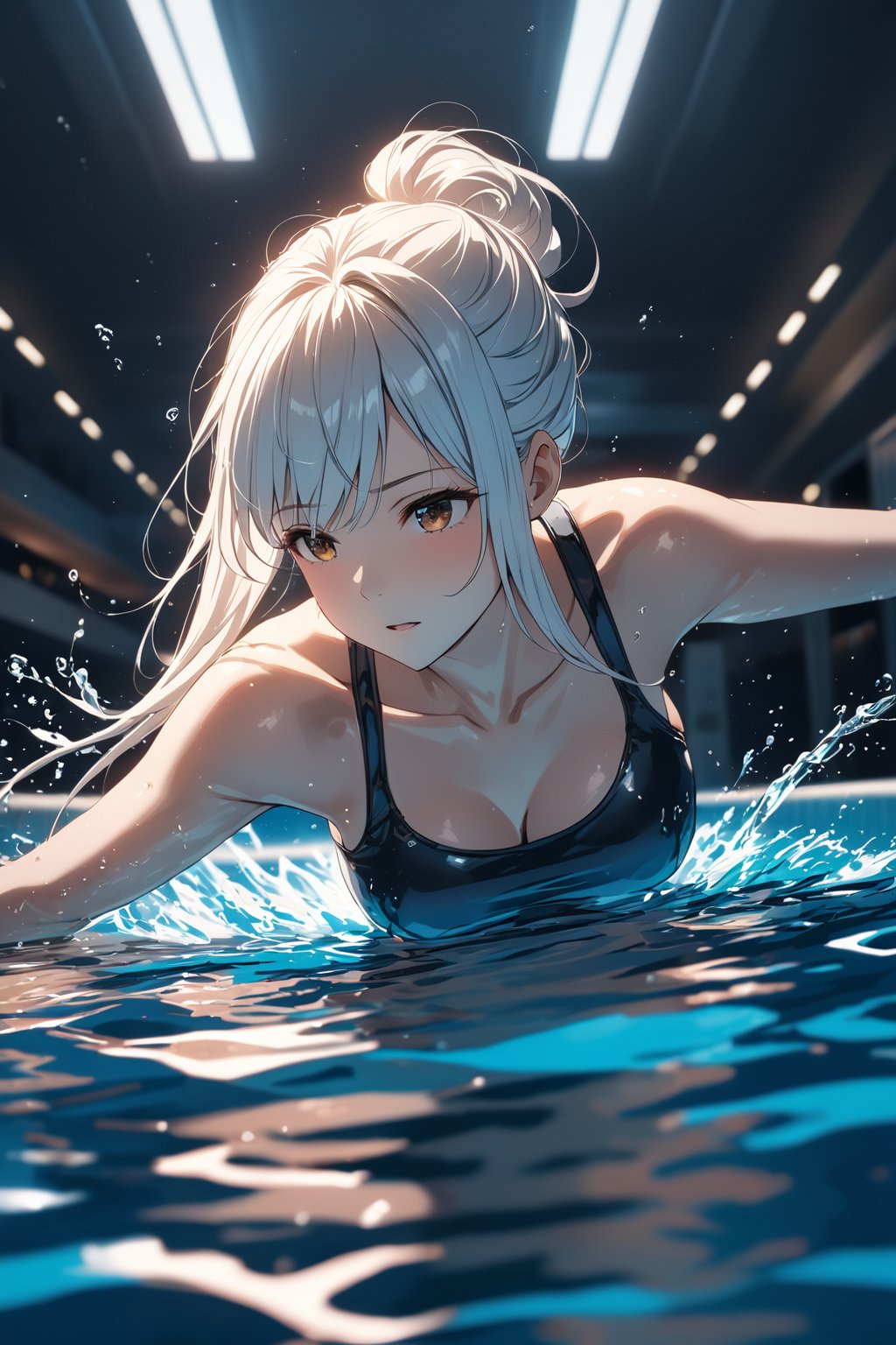 1girl, solo, swimming, school swimsuit, white hair, long hair, expressionless, motion blur, swimming pool, masterpiece, best quality,, (Depth of field hdr 8k 4k wallpaper cinematic angle, cinematic lighting,:1.5) (masterpiece, best quality:2.0)