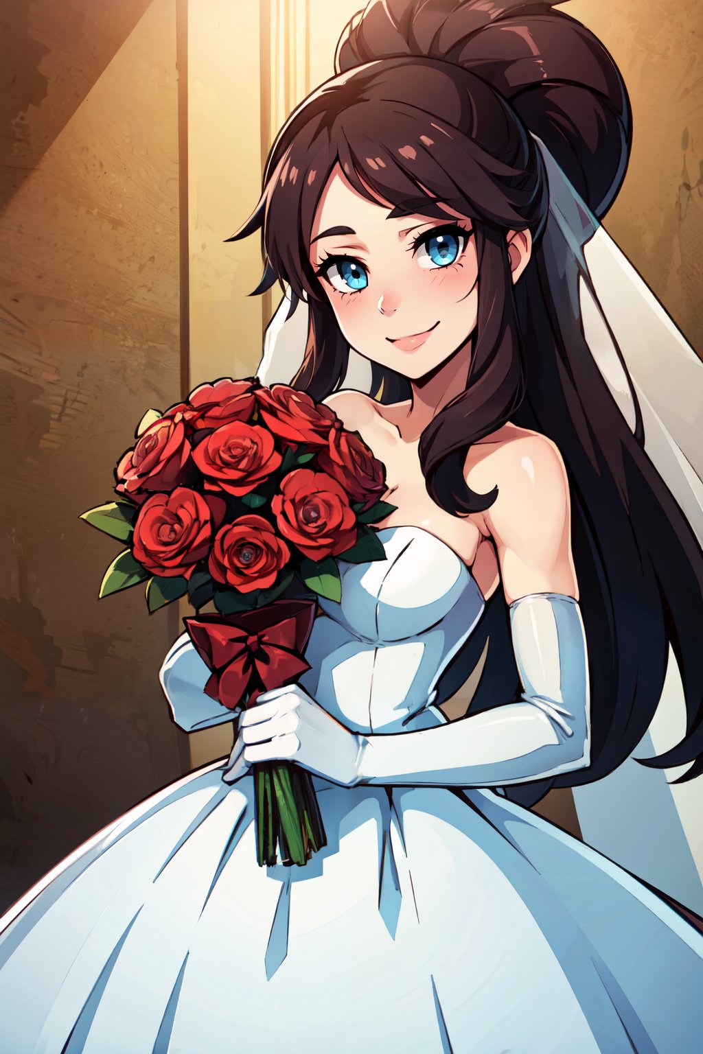 ((masterpiece,best quality)), absurdres,   <lora:HildaPokemon_v5:0.7>,   zzHilda, blue eyes, long hair, sidelocks,    bride, wedding dress, bridal veil, strapless dress, elbow gloves,  holding bouquet,   solo, smile, looking at viewer, cowboy shot,