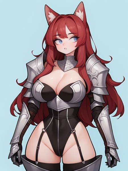 score_9, score_8_up, score_7_up, score_6_up, score_5_up, score_4_up,BREAK1girl, red hair, light blue eyes, looking away, parted lips, expressionless, long hair, red wolf ears,BREAKsolo, cowboy shot, knight, armor, black latex leotard, large breasts, wedgie, highleg, cleavage, greaves, armored boots,BREAKlight blue background, dynamic pose, <lora:Lunas-Rabbit-SDXL-A1:1>