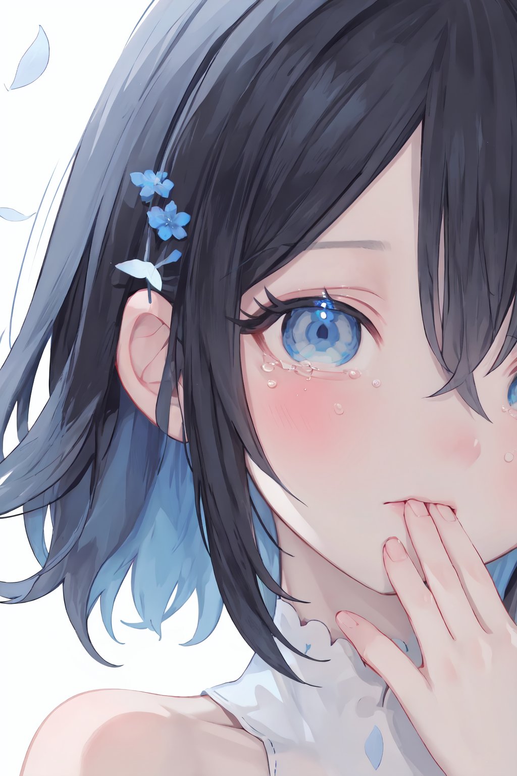 solo,1girl,looking at viewer,blue eyes,hair between eyes,bangs,portrait,tears,short hair,leaf,blue hair,covering mouth,ribbon,flower,eyelashes,close-up,blush,hand up,crying with eyes open,crying,black hair,bare shoulders,string,<lora:to-vv2-tga-000060:0.5>,beautiful eyes,to-style,