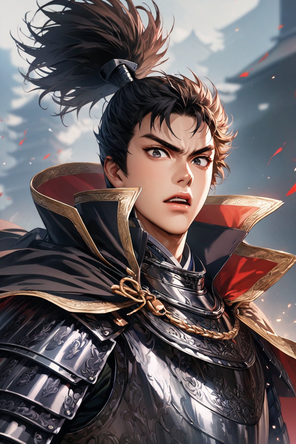 oda nobunaga, samurai, 1boy, solo, japanese, male, chonmage, topknot, updo, mantle, samurai armor, young boy, black eyes,(masterpiece, 16k, high-quality, breathtaking, highres, ultra detailed), (perfect face) (high-quality, breathtaking, highres, ultra detailed), (expressive eyes, perfect face) <lora:oda nobunaga 2:1>