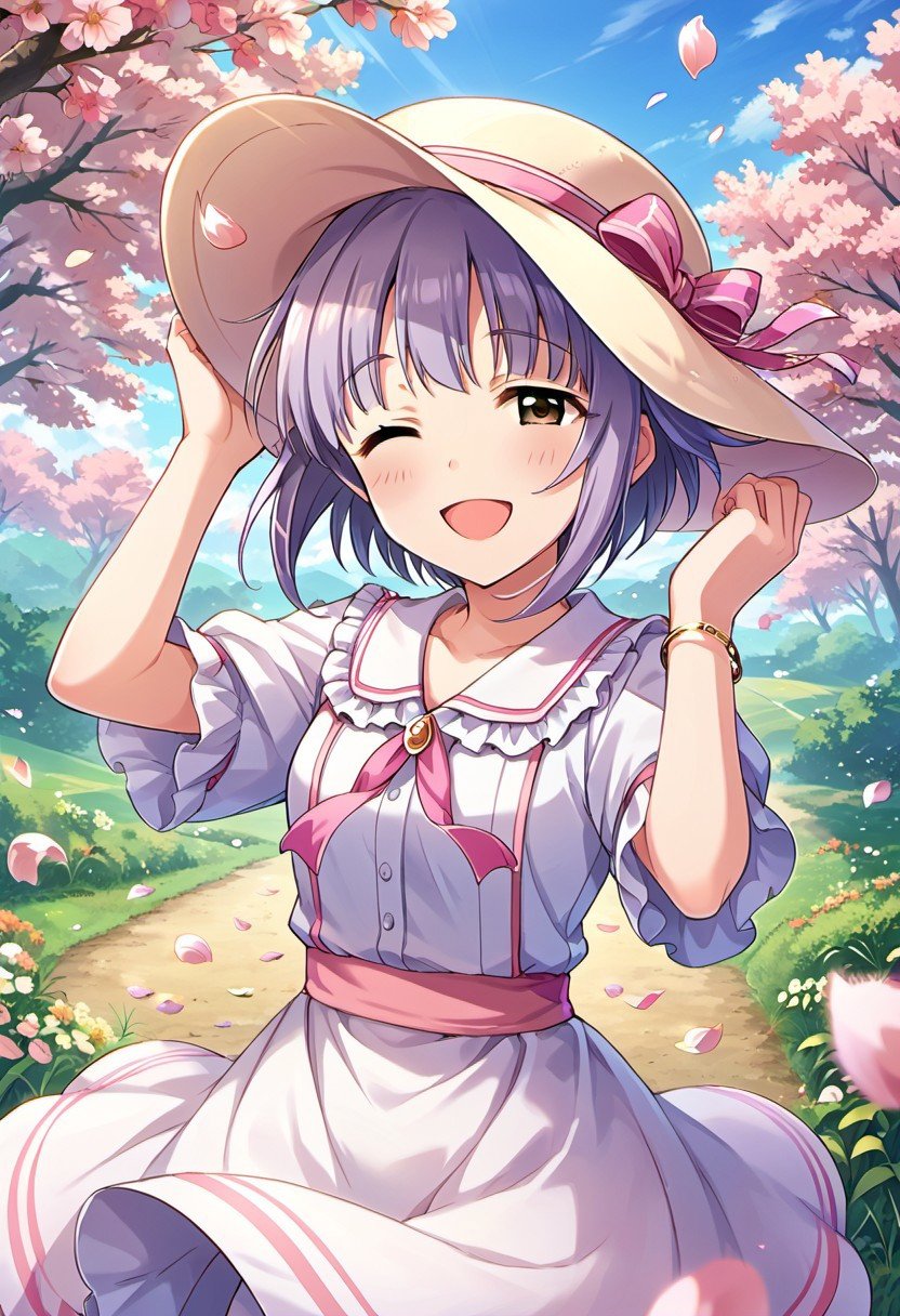 score_9, score_8_up, score_7_up, source_anime,koshimizu sachiko, short hair, purple hair, brown eyes, 1girl, hat, one eye closed, solo, bracelet, smile, jewelry, open mouth, wind, petals, tree, blush