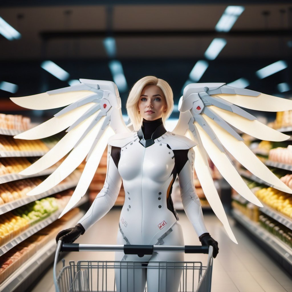 cinematic photo a woman with wings in the back in a white suit grocery shopping <lora:Angel1024:0.8> . 35mm photograph, film, bokeh, professional, 4k, highly detailed