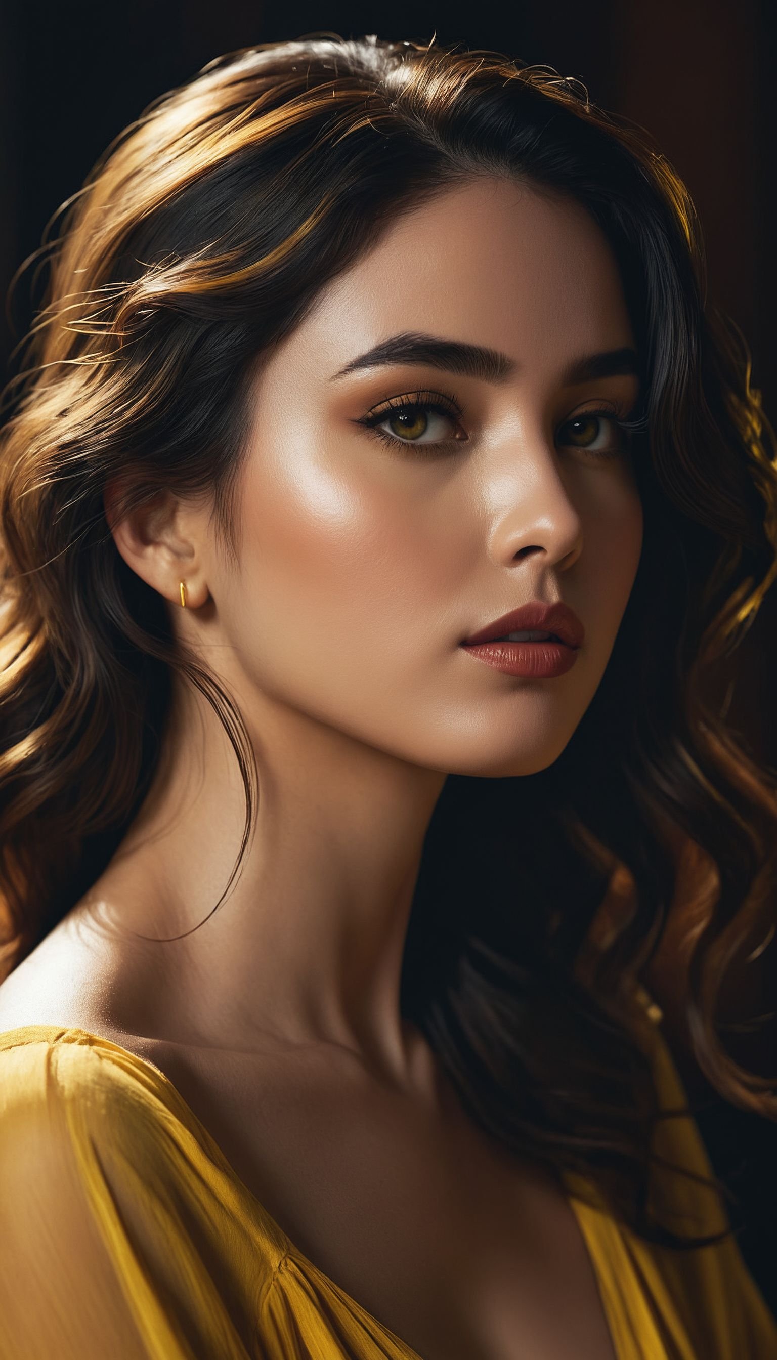 High-quality, hyper-realistic 8K Ultra HD portrait of a captivating woman. The woman is depicted in moonlight, her features bathed in a soft, diffused light that accentuates the delicate nuances of her expression. Inspired by Sargent's precision, the artist captures every subtle contour of her face, the subtleties of her eyes and the cascading yellow-black locks. In this mysterious ambience, creating a seductive interplay that accentuates the enigmatic aura surrounding the woman. The shadows dance across her features, enhancing the depth of her gaze and adding a touch of secrecy to the composition, highly detailed, sitting drinking on a wooden chair and table next to the yellow-black wall, which is a little dilapidated and under which there is a red brick