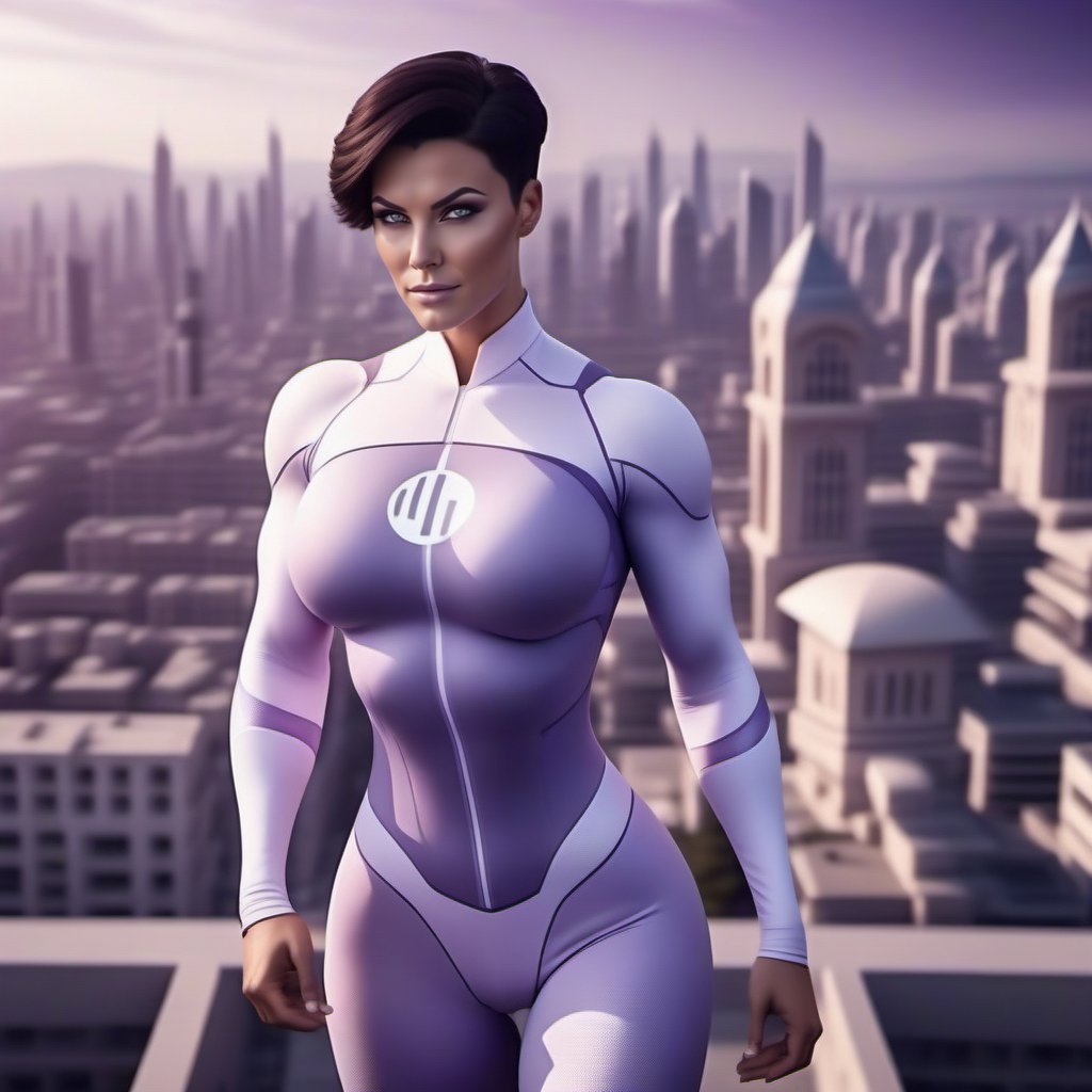 cinematic photo a full body muscular woman, short dark hair, huge breast, wears a futuristic white and light purple bodysuit , flying over a city in the background <lora:Anissa1024:0.8> . 35mm photograph, film, bokeh, professional, 4k, highly detailed