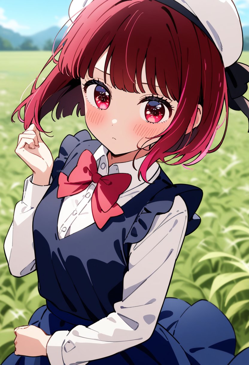 1girl, solo, arima kana, oshi no ko,short hair, red hair, red eyes, small breasts, white shirt, collared shirt, bowtie, expressionless, blush, hand up, beret, blue skirt, field, wind,masterpiece, best quality, absurdres,