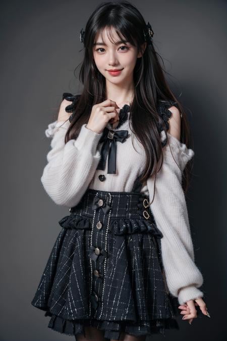 best quality, masterpiece, 1girl, solo, black hair, long hair, straight hair, looking at viewer, smile, standing, cowboy shot, dating attire, sweater, white sweater, bow sweater, shoulder cutout, skirt, buttons skirt, suspender skirt, pantyhose, grey background, <lora:dating_attire_style8_v1:0.7>