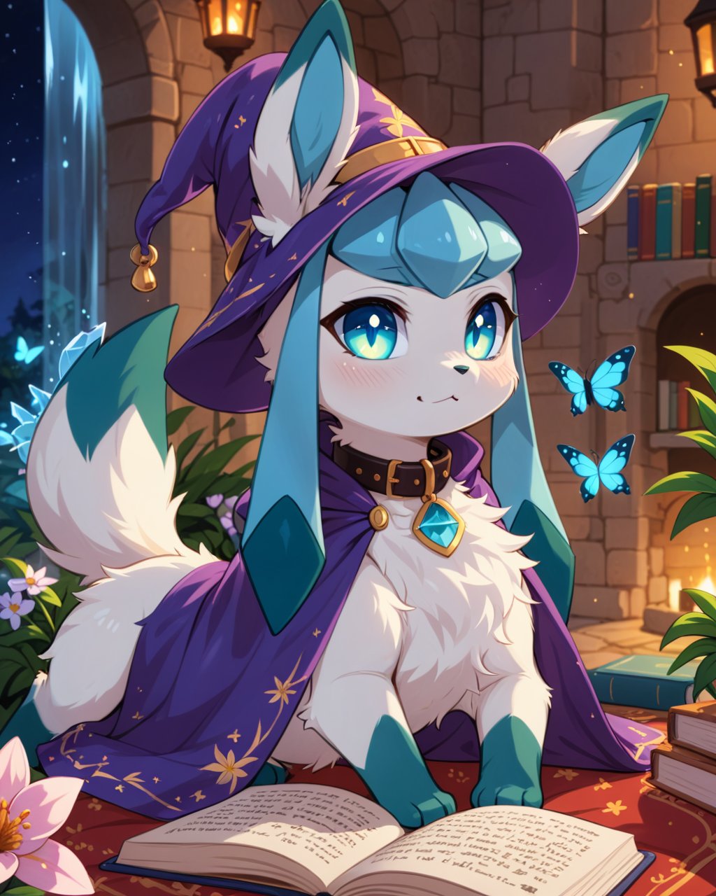 quadruped feral glaceon, excessive fluff, wizard hat, high collar cloak, lying on front, glowing eyes, BREAK, [by Cotora, by Aoizuri:realistic, photorealism:0.85], detailed background, detailed foreground, depth of field, ambient silhouette, backlighting, inside, night, ambient butterfly, flower, castle, book, plant, waterfall