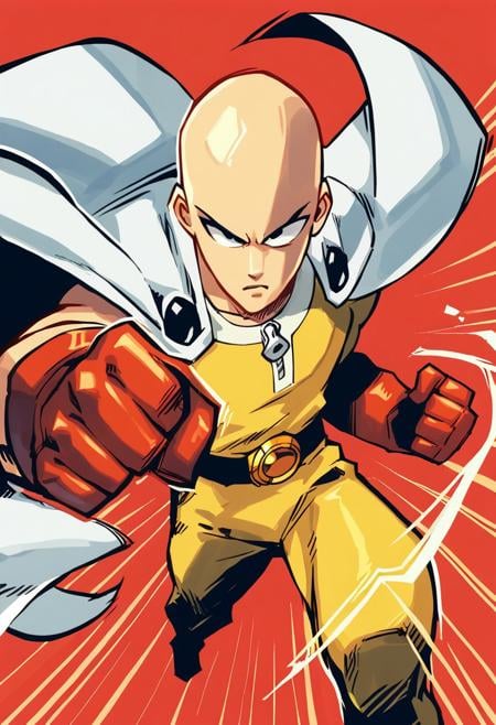 score_9, score_8_up, score_7_up, Gerph_style, 1boy, solo, saitama \(one-punch man\), black eyes, bald, white cape, yellow bodysuit, belt, red gloves, (incoming punch), punching, incoming attack, speed lines, motion lines, red background