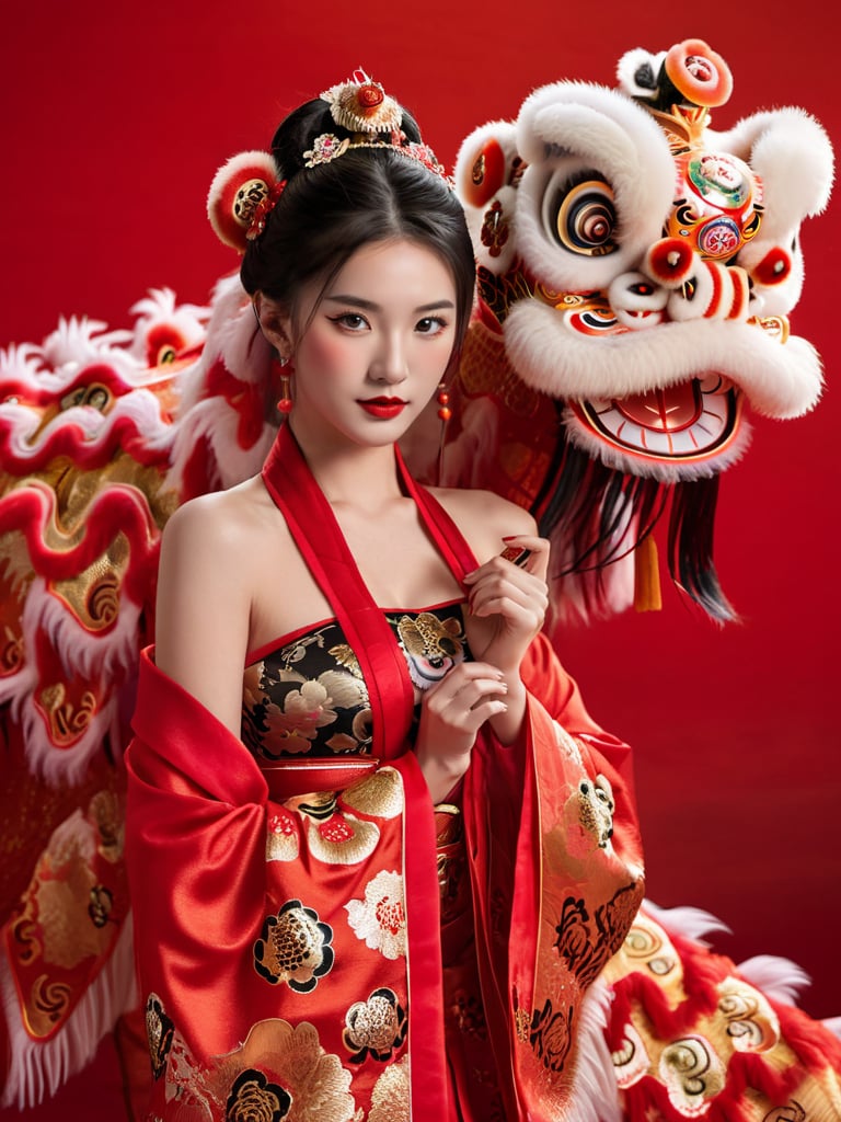 1girl, big lion head,  bare shoulders, black hair, breasts, brown eyes, Chinese clothes, cleavage, eyelashes, hagoromo, hair ornament, jewelry, lips, lipstick, looking at the viewer, makeup, medium breasts, realistic, red lips, shawl, ((full body)), (Lion Dance:1.5), red background <lora:Lion Dance:0.55>