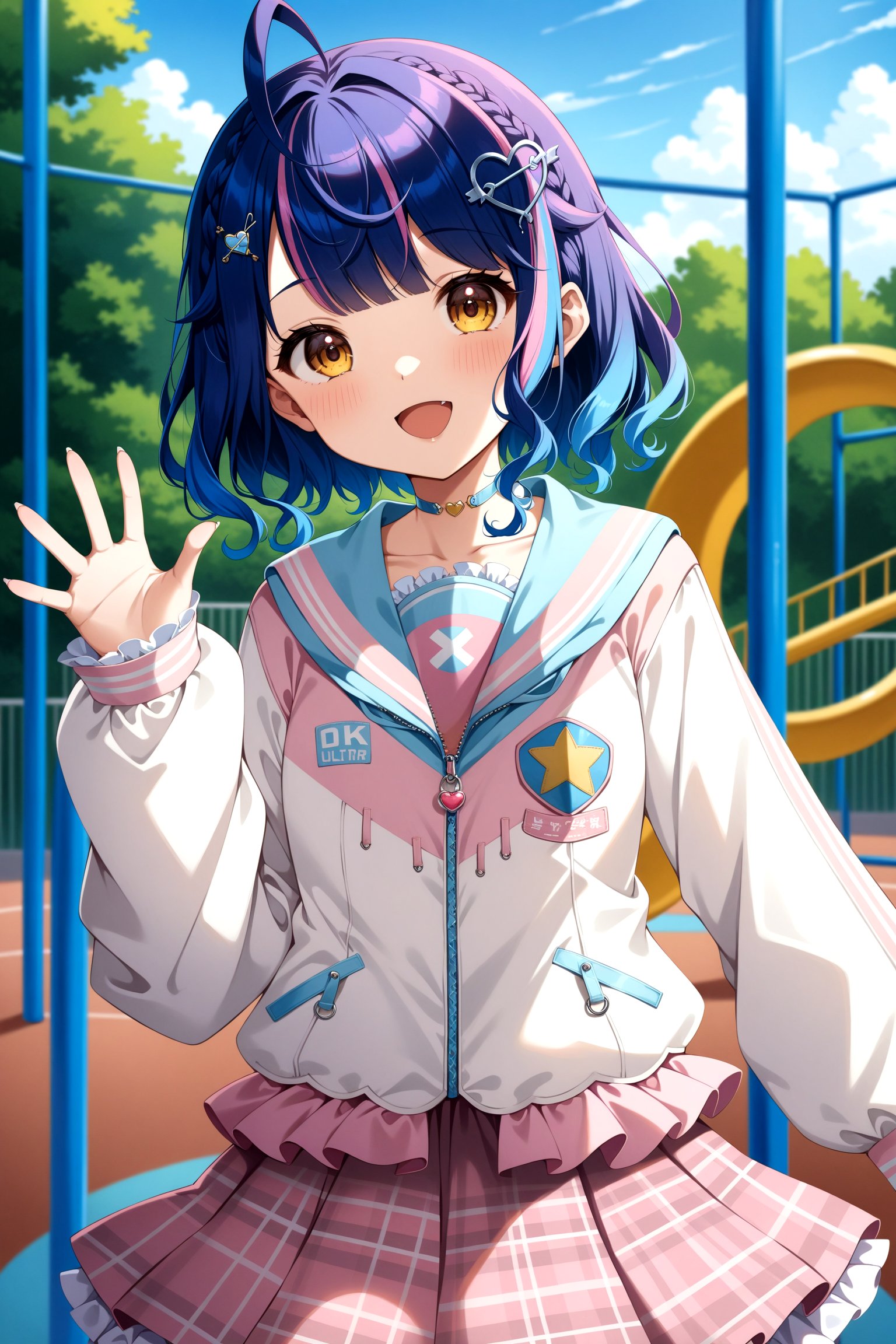 (masterpiece, best quality, very aesthetic, ultra detailed), intricate details, anime style, 4k, ddmya, short hair, ahoge, braid, multicolored hair, x hair ornament, heart hair ornament, choker, white jacket, long sleeves, sleeves past wrists, plaid skirt, pink skirt, <lora:amamiya_kokoro_xl(anima)_v1:0.9>, waving, smile, open mouth, playground,