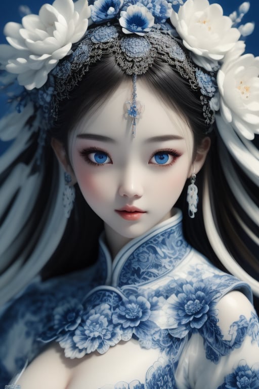 <lora:qinghuaci-000003:1.1>,HDR,UHD,8K,Highly detailed,best quality,masterpiece,qinghuaci, 1girl, solo, flower, hair ornament, hair flower, long hair, blue eyes, chinese clothes, upper body, black hair, dress, realistic, floral print, breasts, lips, china dress, blue hair, white background, closed mouth, parted bangs, white dress, medium breasts, forehead