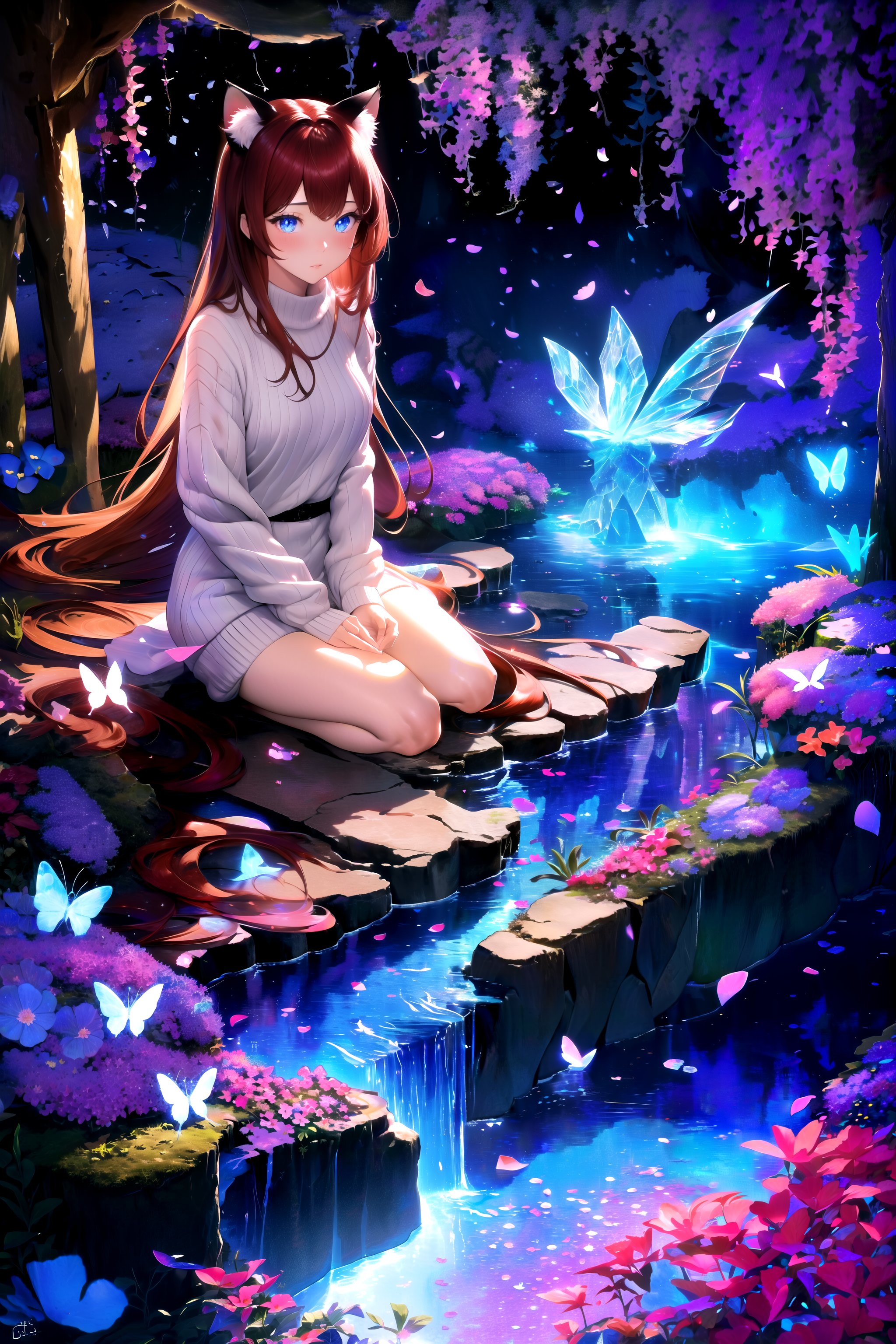 masterpiece, best quality, highres, 1girl, solo, abstract, seiza, full body, close-up,BREAKdark background, depth of field, rim lighting, flowers, petals,crystals, cave, butterfly, vegetation, aura, magic,BREAKraifu, dark red hair, blue eyes, straight hair, cat ears, blush,(medium breasts:0.8), mature female, white sweater, bare legs,