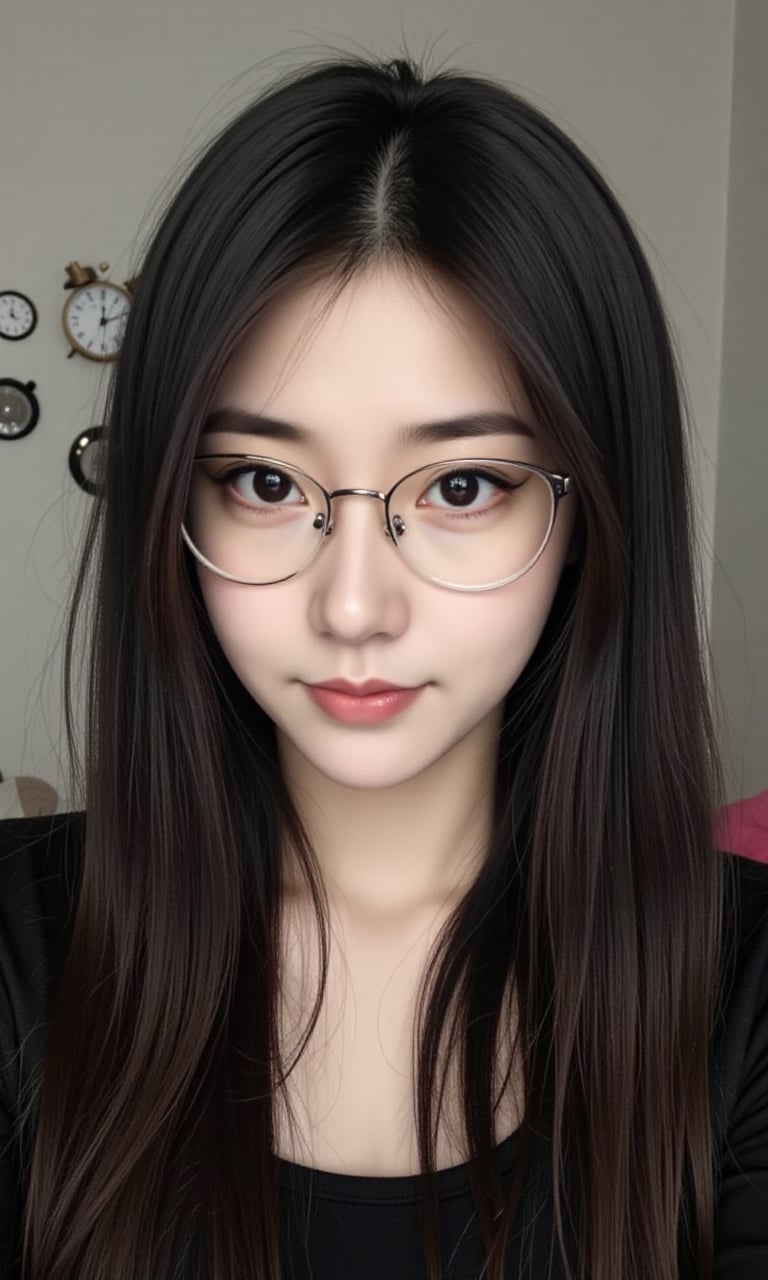 This is a real high-definition photo,Young woman, oval face, almond-shaped eyes, neutral expression, long dark hair, light makeup, wearing a black top and glasses, contemporary style, indoor background with wall decorations, full-body shot, soft natural lighting, clear skin texture.