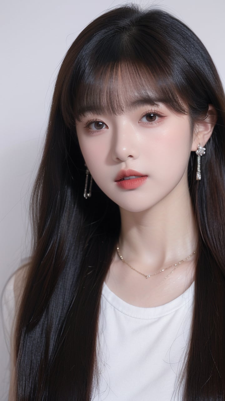 <lora:meinv214:0.8>,1girl,solo,earrings,jewelry,realistic,necklace,looking at viewer,long hair,brown eyes,shirt,white shirt,bangs,brown hair,parted lips,lips,black hair,