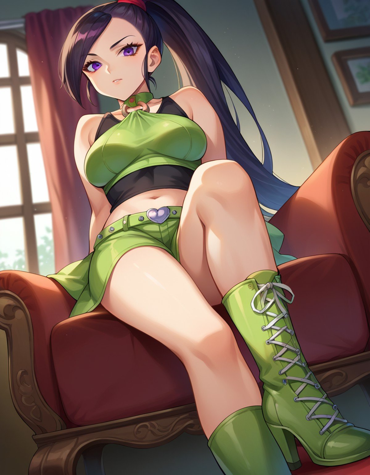 score_9, score_8_up, score_7_up, source_anime,dqmartina, <lora:dq-martina-ponyxl-lora-nochekaiser:1>,martina, long hair, ponytail, purple eyes, black hair,bare shoulders, boots, crop top, cross-laced footwear, green footwear, high heel boots, high heels, knee boots, lace-up boots, navel, bare legs,indoors,looking at viewer, dutch angle, cowboy shot,