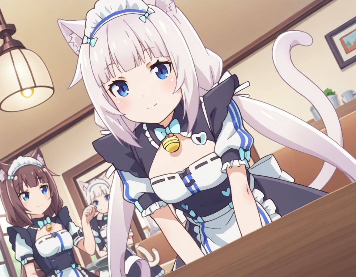 score_9, score_8_up, score_7_up, source_anime,nekoparavanilla, <lora:nekopara-vanilla-s1-ponyxl-lora-nochekaiser:1>,vanilla, long hair, bangs, blue eyes, animal ears, twintails, very long hair, white hair, cat ears, blunt bangs, animal ear fluff, low twintails, cat girl,dress, bow, tail, short sleeves, frills, bowtie, apron, cat tail, maid, maid headdress, bell, cat girl, waist apron, jingle bell, neck bell, waitress,indoors, cafe, bent over, smile,looking at viewer, solo, cowboy shot, dutch angle,