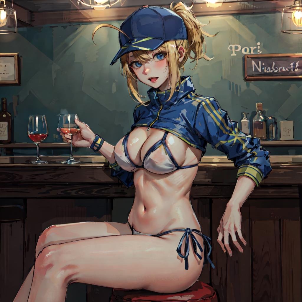 double_x,(lulu_swimsuit:1.1),1girl,ahoge,large breasts,(sitting|at a bar),masterpiece, best quality, <lyco:mhx_v4:0.8>