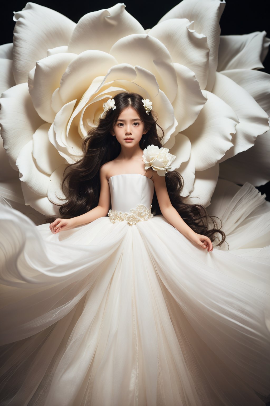 <lora:A five year old girl_20240506194719:0.7>,(5-year-old girl:1.2),flower,dress,solo,long hair,white flower,petals,white dress,white rose,rose,brown hair,bare shoulders,very long hair,strapless,black hair,strapless dress,