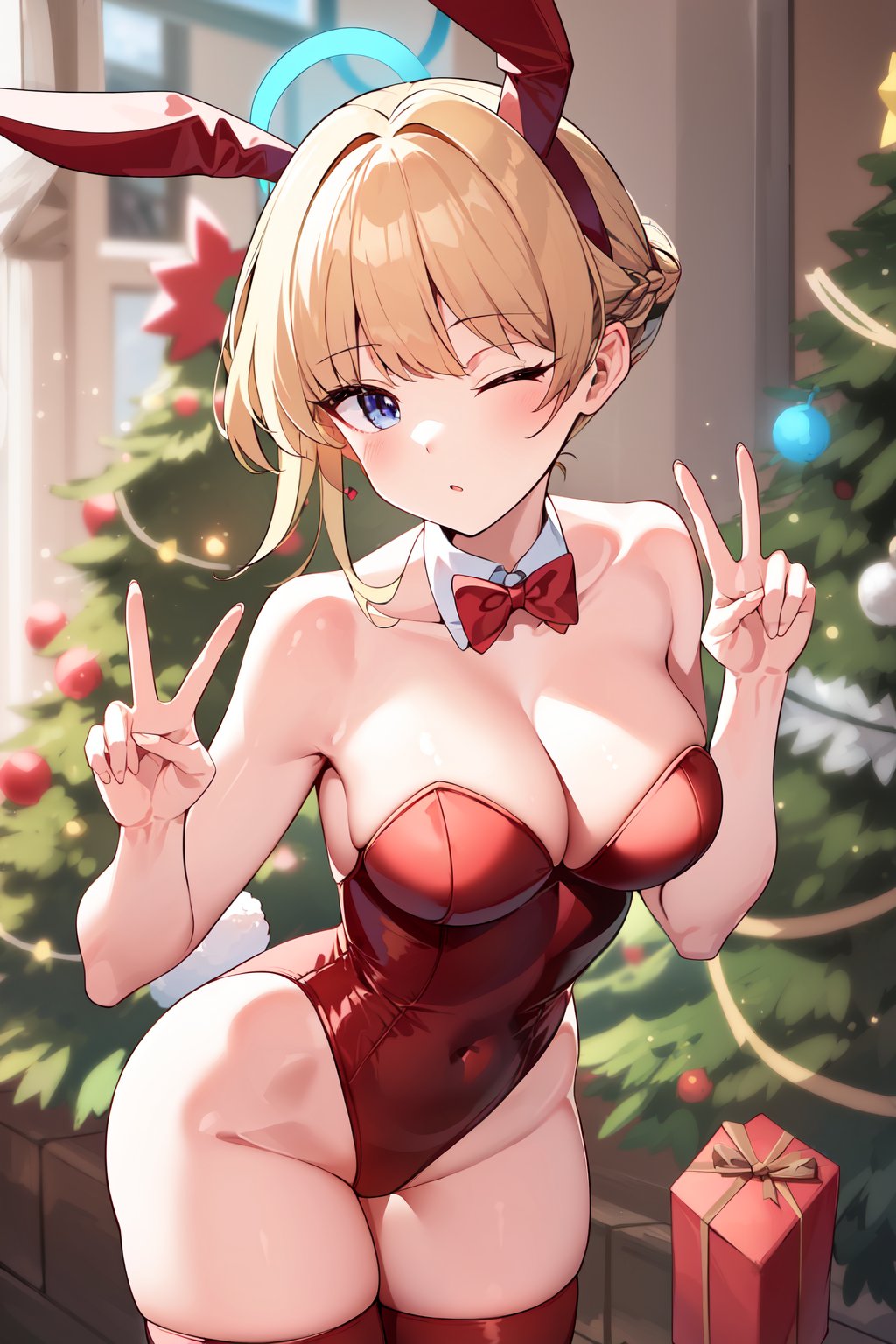 best quality, masterpiece,  <lora:TokiBAv1:0.7>toki, halo, short hair, christmas, christmas tree, detached collar red bowtie,(red thighhighs:1.3), (red leotard:1.1), (red bunny ears:1.1), bunny tail, cowboy shot, double v, one eye closed, expressionless, 