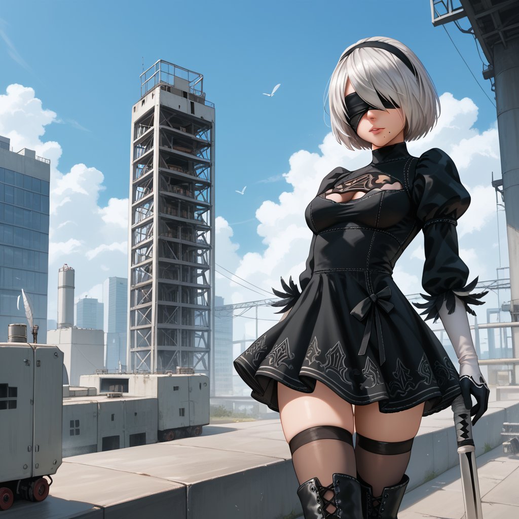 score_9, score_8_up, score_7_up, realistic:2, photorealistic:2, realistic detailed skin:2, realistic detailed face:2, perfect eyes:2, realistic detailed background, uncensored, BREAK, 2B, Yorha 2B, NieR Automata, silver hair, short hair, (black blindfold, covered eyes, mole under mouth), long sleeves, puffy sleeves, juliet sleeves, feather trim, black thighhighs, white elbow gloves, black gloves, black dress, flair skirt, thigh boots, outdoors, factory, buildings,