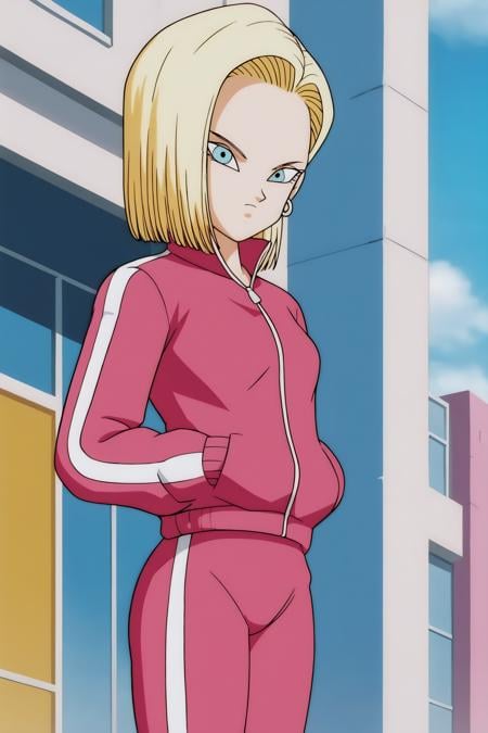 source_anime, score_9, score_8_up, score_7_up, anime screencap,detailed face, android 18, supertop, 1girl, solo, looking at viewer, short hair, blue eyes, blonde hair, small breasts, collarbone, hoop earrings, city, street, collar up, track jacket, pink jacket, track suit, track pants, pink pants, standing, hands in pockets, from below, <lora:c18_pony_v1:0.8>