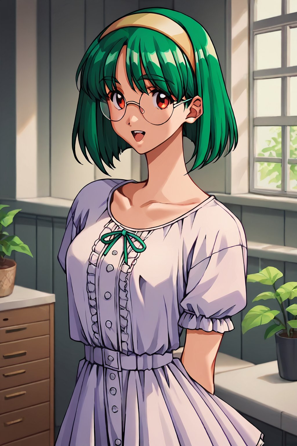 score_9, score_8_up, score_7_up, score_6_up, score_5_up, score_4_up, source_anime,akiyama midori, midori_white, 1girl, solo, green hair, yellow hairband, round eyewear, dress, short hair, open mouth, red eyes, arms behind back, glasses, rimless eyewear, white skirt,looking at viewer, smile, cowboy shot, short sleeves, indoors, masterpiece, perfect face, best quality, beautiful girl, cute girl, beautiful eyes, shiny eyes, anime coloring, anime screencap, absurdres, <lora:akiyama midori anyt 905:0.8>