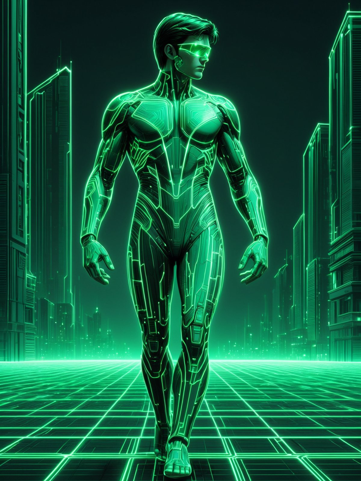man, emerald glowing outlines, green coloring, dynamic pose, grid, motion blur, cyberpunk, 1980s, retro, scifi, city<lora:Neon_Cyberpunk_SDXL_-_Cyberspace:1>, (masterpiece:1.2), best quality, (hyperdetailed, highest detailed:1.2), high resolution textures