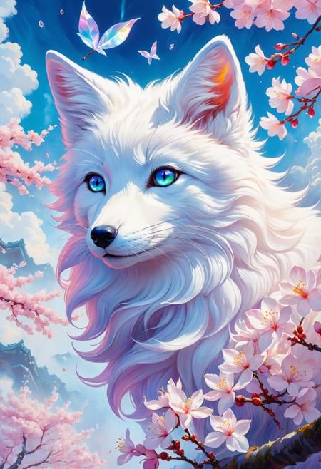 james jean, floating white fox figure made of sakura cherry blossom leaf, smoke, in the sky, colorful and vibrant, mystical colors, contemporary impressionism, yanjun cheng portrait painting, iridescent painting, 3/4 perspective view, cute face, low angle, sweeping circling composition, large beautiful crystal eyes, big irises, UHD, HDR, 8K, (Masterpiece:1. 5), (the most beautiful portrait in the world:1.5)