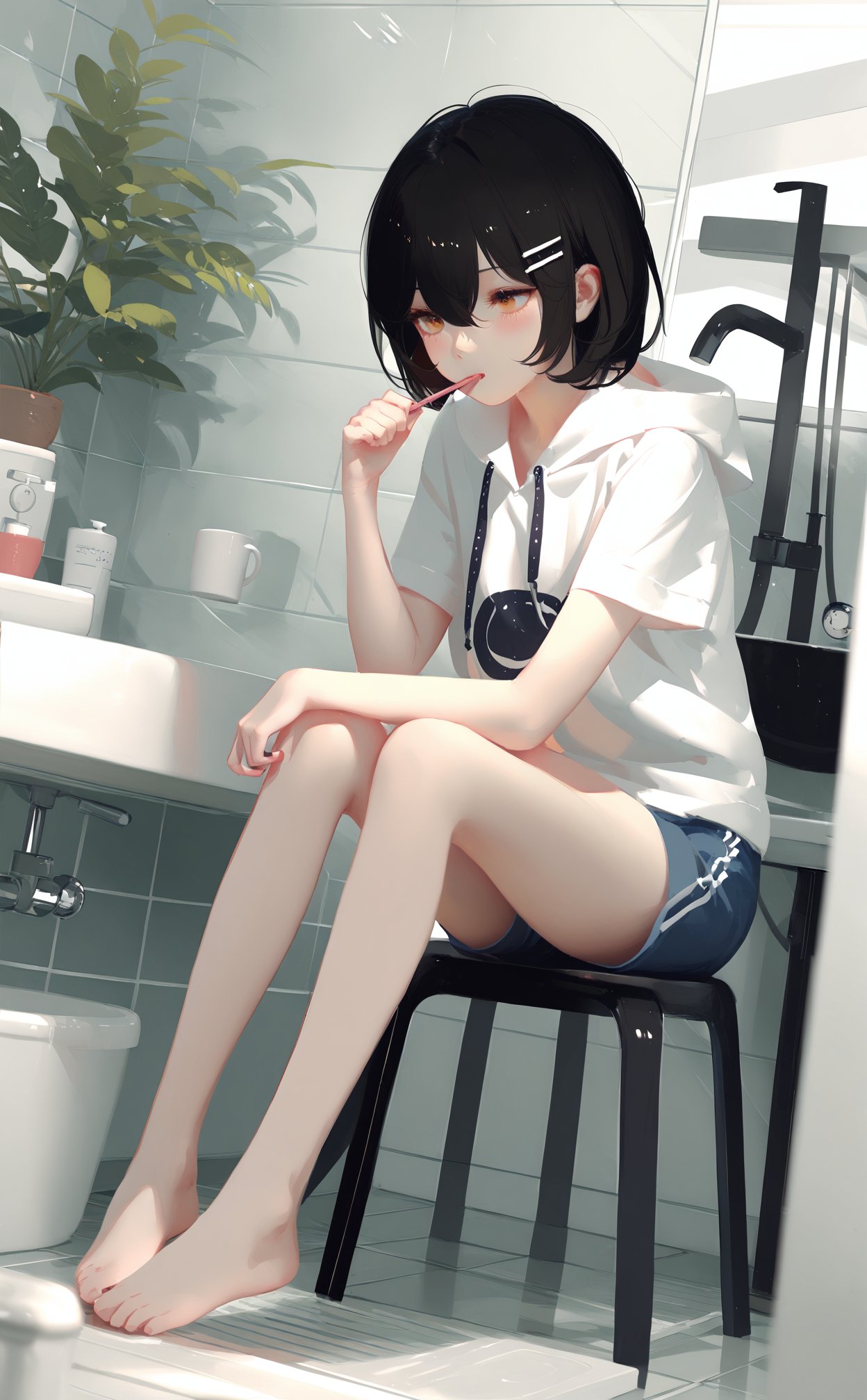 (masterpiece), (best quality), illustration, ultra detailed, hdr, Depth of field, (colorful),loli,[Artist:wlop],[[Artist:sheya]],Artist:ask \(askzy\),1girl,barefoot,tiles,hood,sitting,shorts,tile wall,indoors,short hair,hoodie,plant,cup,bathroom,holding,reflection,mirror,black hair,hair ornament,potted plant,holding cup,hood down,chair,short sleeves,sink,hairclip,knees up,washing machine,blue shorts,faucet,brushing teeth,tile floor,solo,towel,toothbrush,stool,bangs,hair between eyes,mug,white hoodie,hat,blush,drawstring,