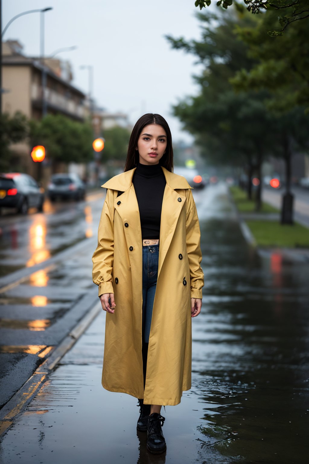 Generate an artisvic vision of watercolor portrait of a beautiful girl in a yellow raincoat,20yo,walking in a dark raining street.fullbody.graffiti style.(Rough strokes).Mystical.Mysterious.Ethereal.Dim lights in the street.Dark and Hazy background.puddles.rain.fog. spotlight on her face.low key.(chiaroscuro lighting),blurry backdrop.BREAK rule of thirds,depth of perspective,perfect composition,impressionism,clear facial features,perfect hands,aesthetic minimalism,painterly,by Karol Bak,Alessandro Pautasso and Hayao Miyazaki, real_booster, art_booster,<lora:Angelkaramoy:0.7>AK