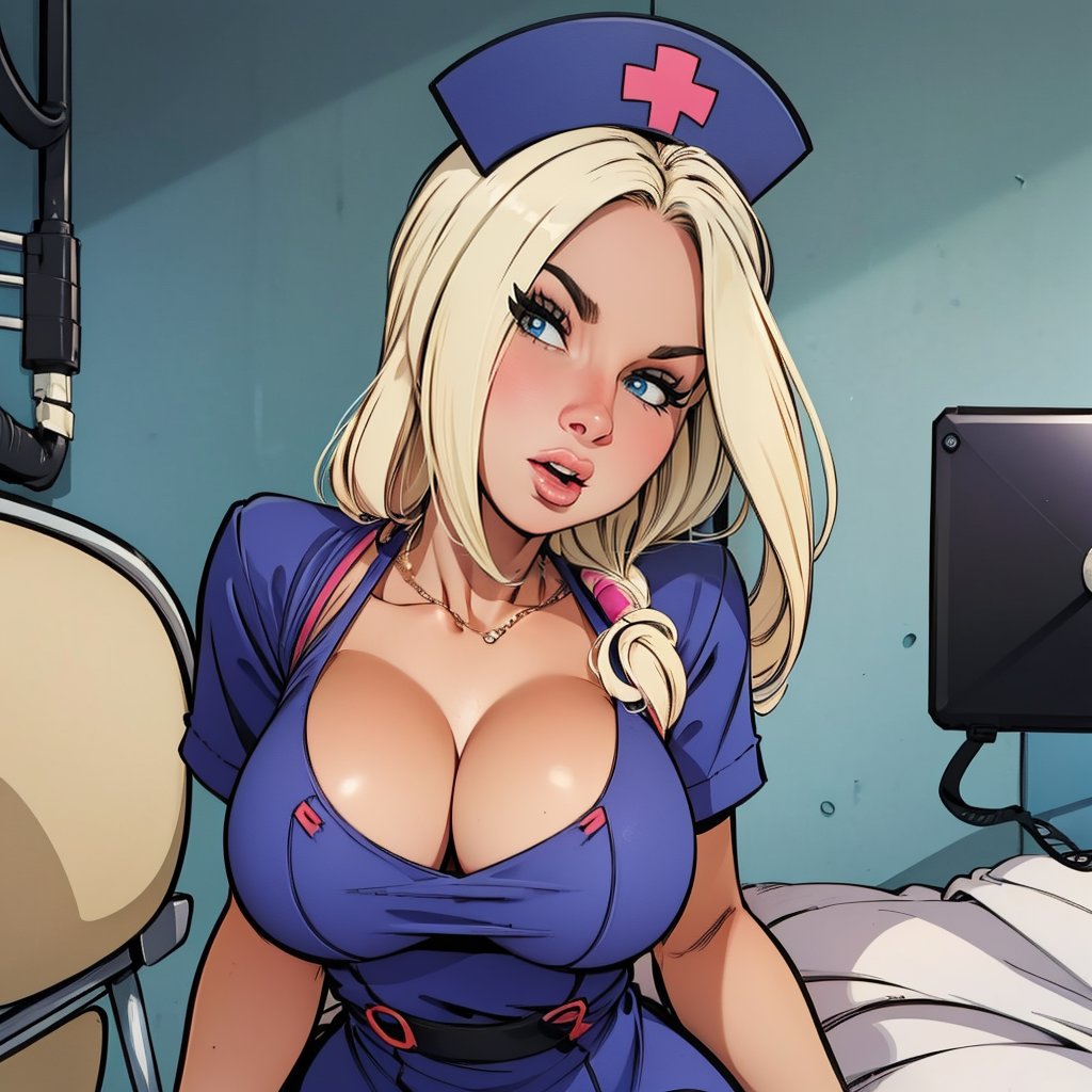 a blonde nures, pose in dress nurse, front cam, old hospital<lora:EMS-394493-EMS:0.800000>