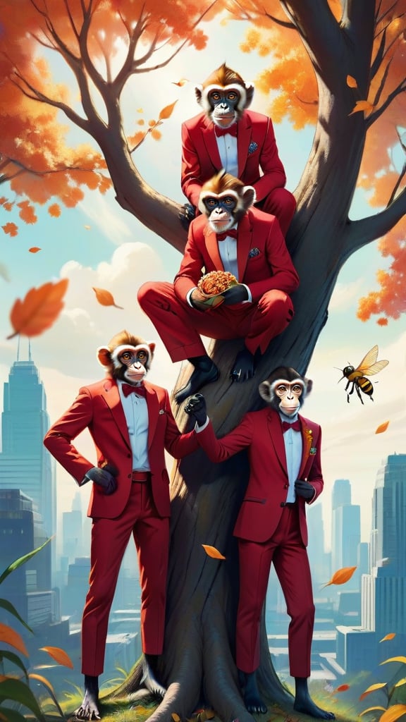 4n1v3rs3, a group of intricately detailed monkeys, boyfriend blazer and skinny jeansed in colorful clothing and holding nuts and bolts, gather around a tree branch. The leaves are painted with soft hues of red, orange, and yellow. A small bee hovers above the branches, glossy, dynamic dramatic beautiful full taking, sublime, dynamic dramatic atmosphere, pure, artistic