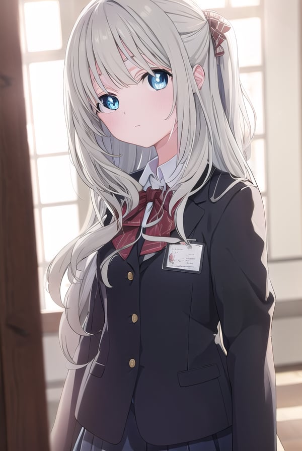 hotaruhiraiwa, <lora:hotaru hiraiwa s1-lora-nochekaiser:1>,hotaru hiraiwa, long hair, bangs, blue eyes, grey hair,BREAK skirt, long sleeves, school uniform, jacket, socks, black skirt, two side up, black jacket, kneehighs, blazer, black socks, bow, bowtie, stripped, stripped bowtie,BREAK indoors, classroom,BREAK looking at viewer, (cowboy shot:1.5),BREAK <lyco:GoodHands-beta2:1>, (masterpiece:1.2), best quality, high resolution, unity 8k wallpaper, (illustration:0.8), (beautiful detailed eyes:1.6), extremely detailed face, perfect lighting, extremely detailed CG, (perfect hands, perfect anatomy),