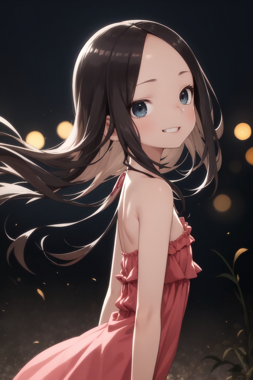 (masterpiece, best quality:1.2),1girl, solo, pink and black theme, dark, upper body, side face, grin, parted lips, looking back, floating hair, pink dress, bare shoulders,(delicate and beautiful eye), forehead, flat chest, gothic fashion, blue rose, fog, fireflies, underlighting, bokeh, blurry background, strong visual impact, film lighting, from side