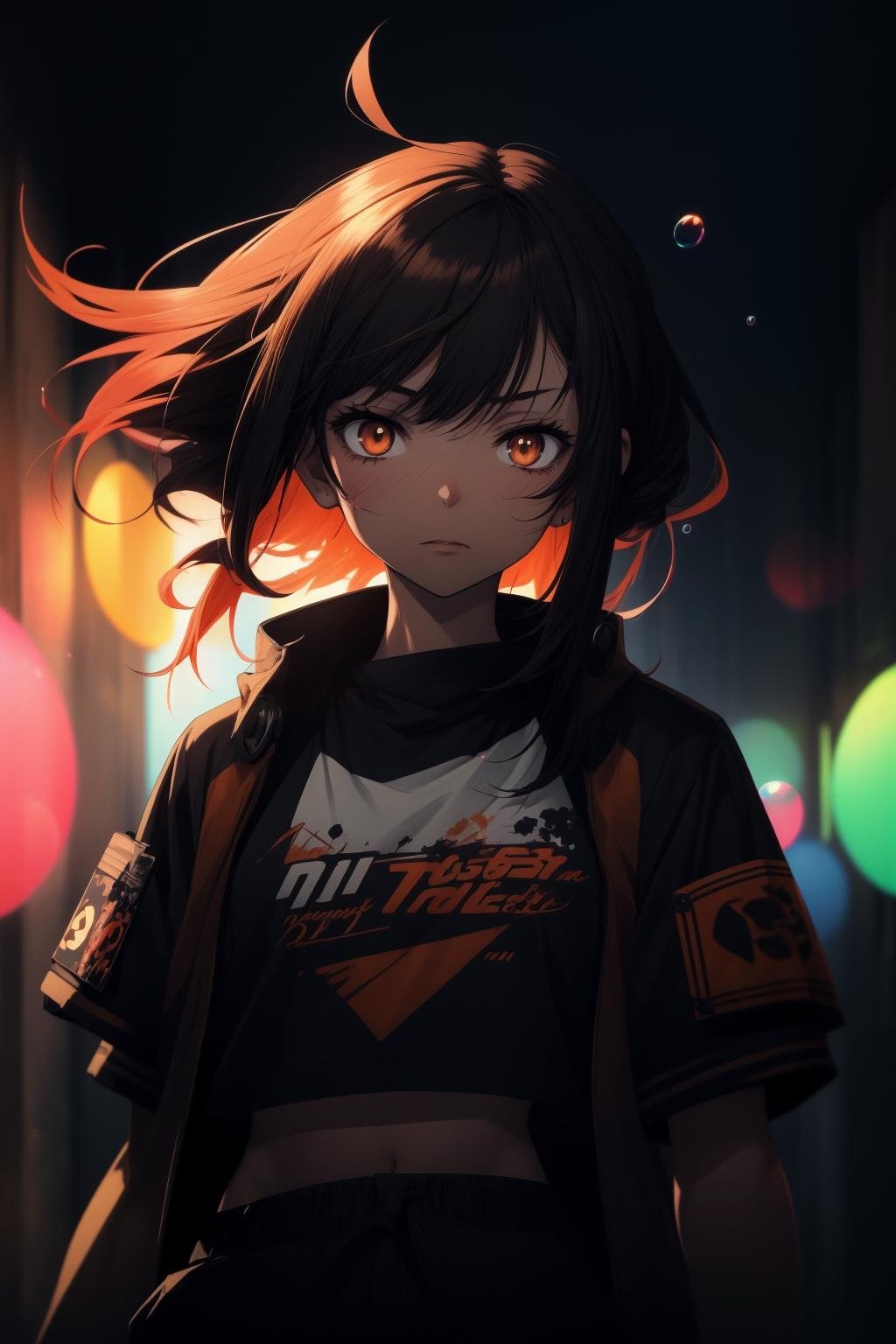 (catgirl), outline, neon paint, glowing, (anime ost:1.18), (anime wallpaper art), (delinquent:1.2), rugged hairstyle, (music video), dark theme, glow, high quality, luxury fashion, expensive clothes, tan skin, armband, gang member, female gangster, paint background, bubbles, japanese wording, m, looking up, looking at viewer, (affection:1.18), (bold expression), (expressive cartoon scene), (movie scene:1.1), (hip hop:1.18), baggy clothing, uniform, streetwear, gangster, gold trim, hairstyle, badass, professional production, (sfx:1.18), studio quality, cinematic, chromatic aberration, glitching, orange, tan, faded high top, best animation production, official release