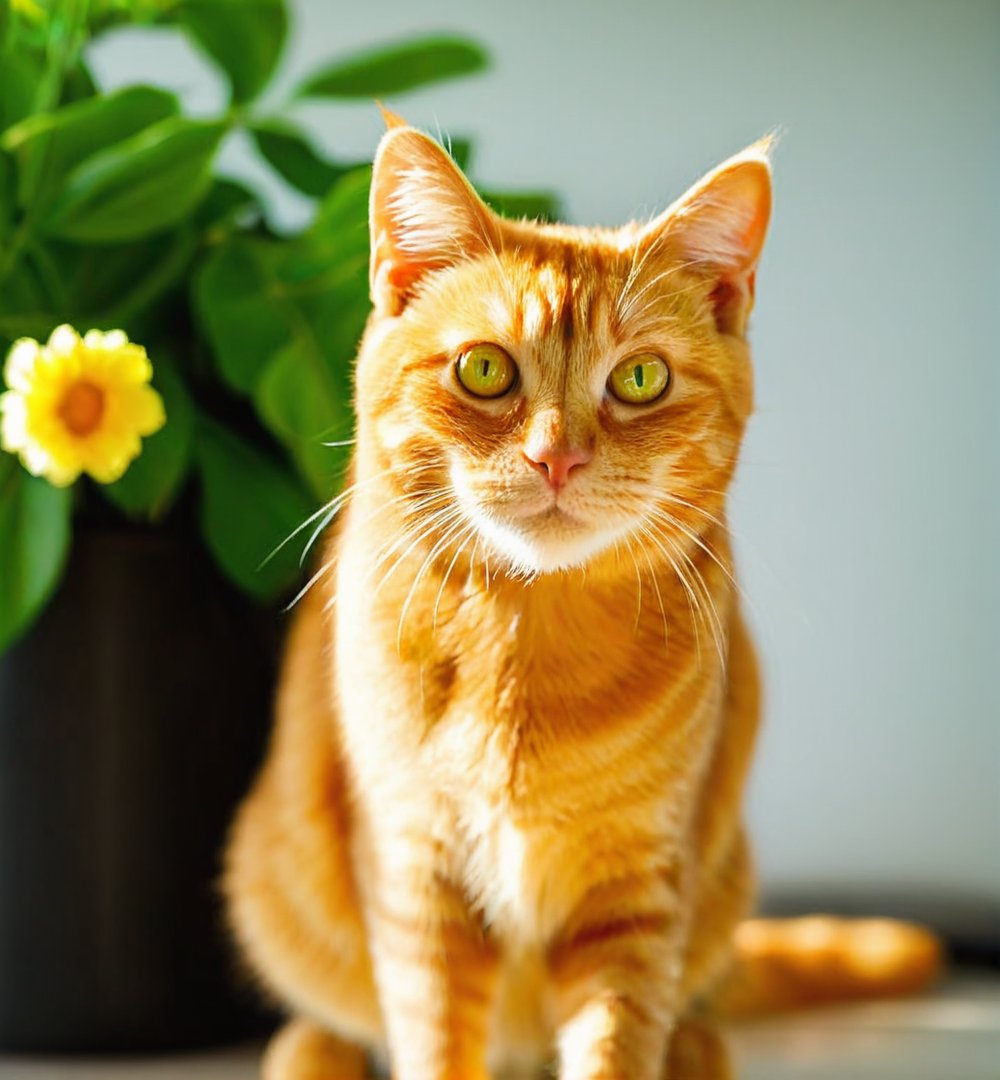 Close-up of an orange tabby cat with a focused expression,standing on a surface with a soft-focus background,surrounded by green leaves and yellow flowers,whiskers forward,light amber eyes,smooth fur,natural daylight,indoor setting,possible home environment,looking slightly upwards,calm and curious demeanor,warm color tones,domestic short-haired breed,well-composed pet photography,high quality.,