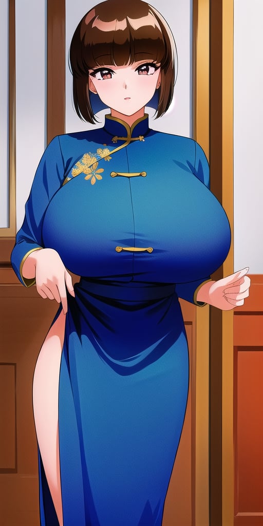 <lora:TendouNabikiV3:0.85> tendounabiki, huge_breasts, standing, solo, china_dress, masterpiece, best quality, detailed face, detailed eyes, highres,