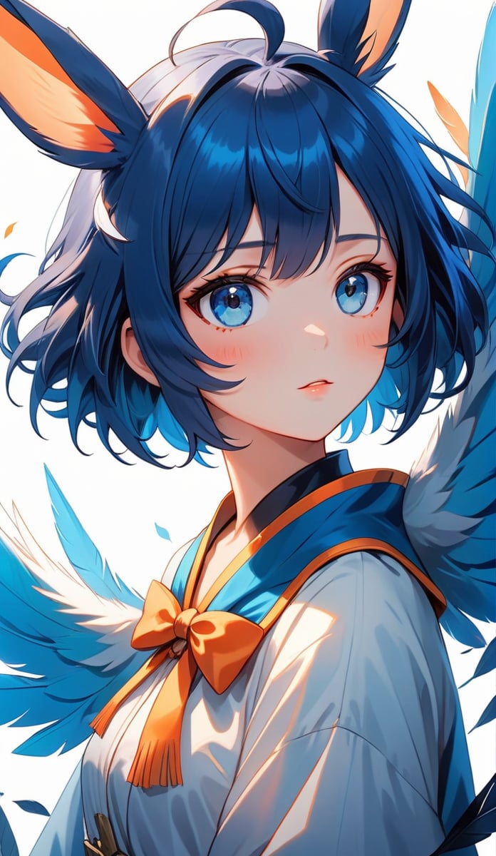 a girl with short deep blue hair and bunny ears,looking at viewer,full art illustration,feathery wings,Official Character Illustration,upper body,cyan and orange,8k illustration,Shuushuu Anime Image,feather boa,Seraphim Illustration,Blue-Eyed Character,4K illustration,Yellow and deep Blue,Artwork in Guweiz Style,Senketsu Illustration,dribbble style,Evil God Illustration,