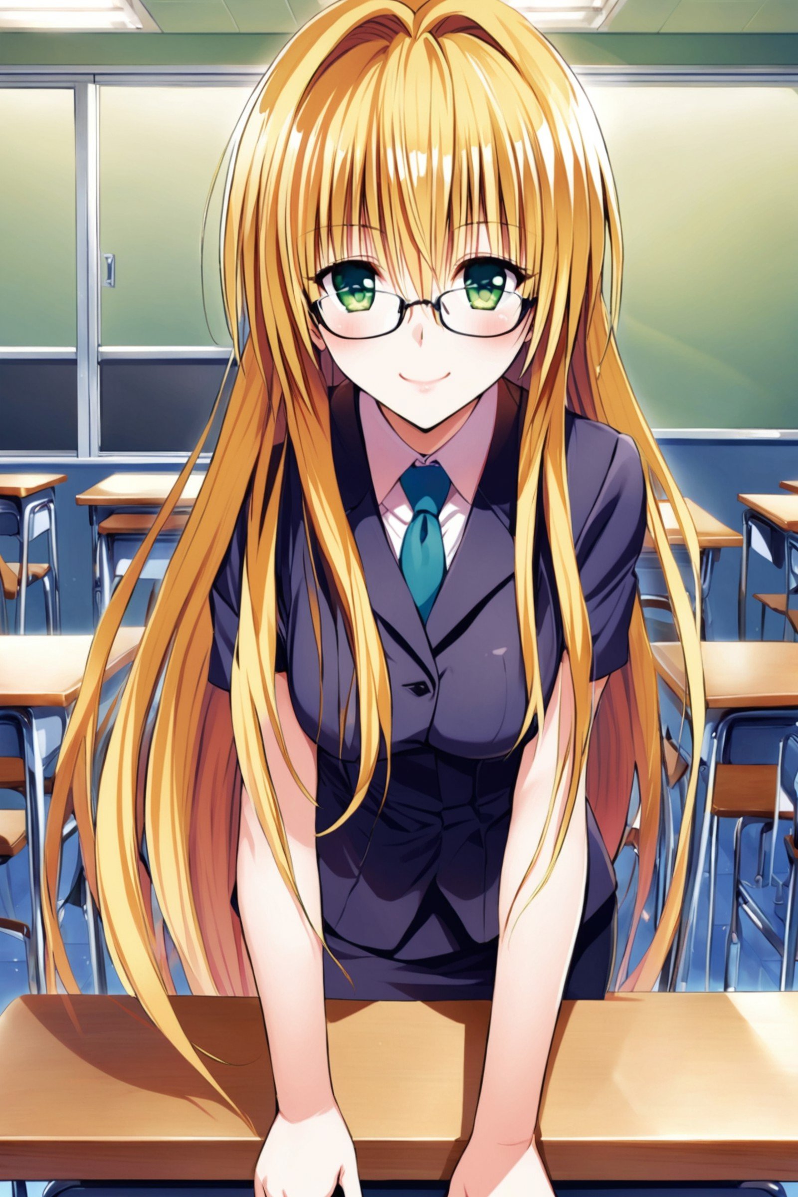 Tearju Lunatique,1girl,long hair,blonde hair,solo,glasses,green eyes,smile,skirt,formal,classroom,table,skirt suit,suit,pencil skirt,jacket,looking at viewer,very long hair,v arms,<lora:Yabuki Kentarou_XL_netaArt:0.8>,