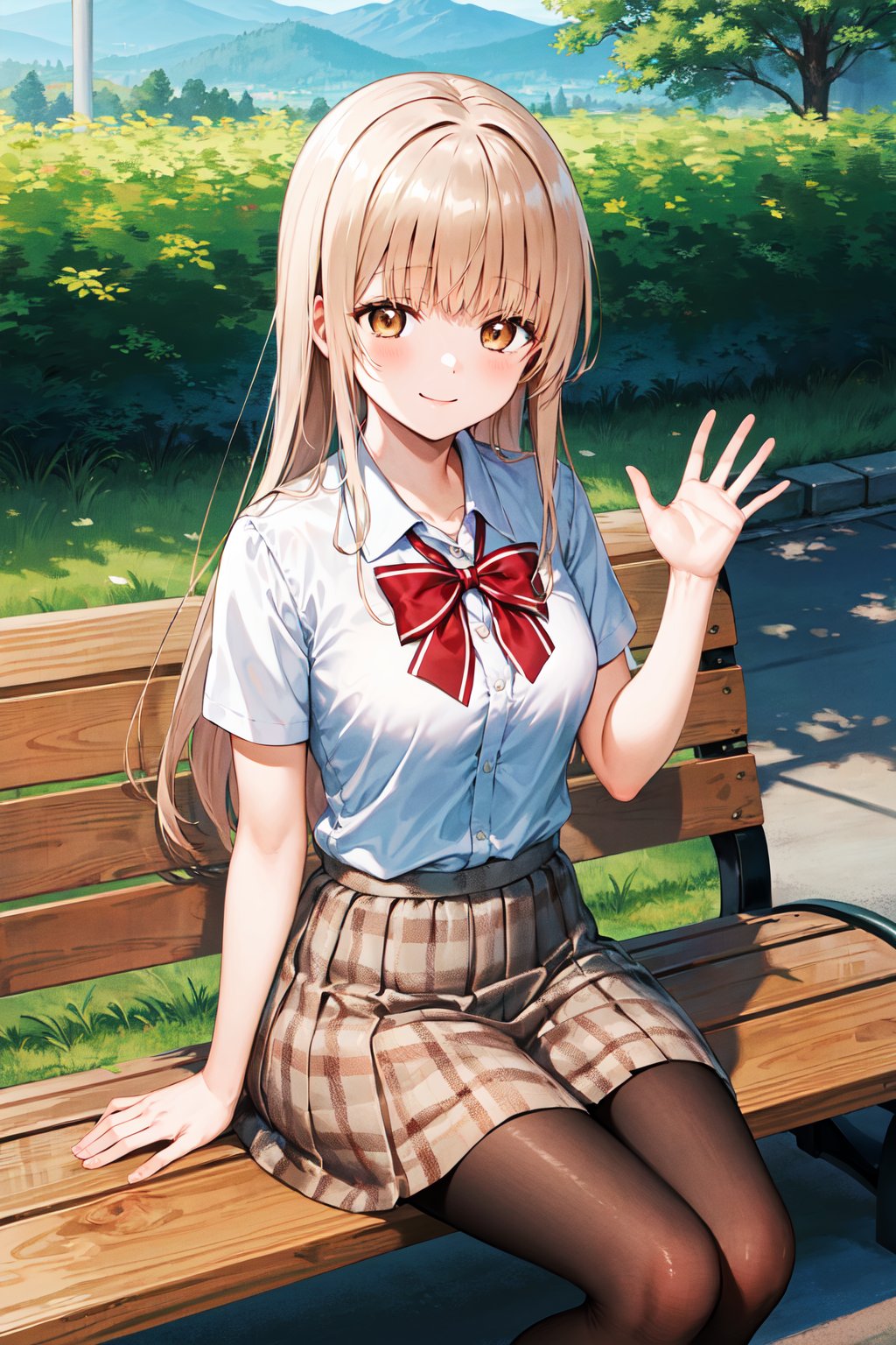 masterpiece, best quality, highres, aamahiru, long hair, red bowtie, white shirt, short sleeves, plaid skirt, brown skirt, pantyhose, <lora:shiina_mahiru_v1:0.7>, sitting, waving, bench, smile, outdoors