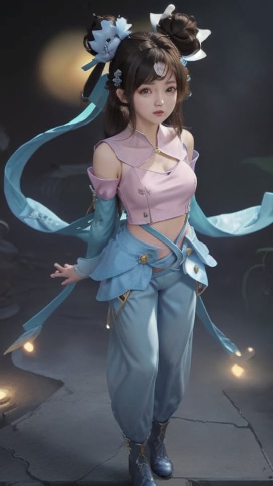 (1girl),smooth chin,masterpiece,detailed face,((hair ornament)),top quality,4k,make up,best quality,medium breasts,(looking at viewer),long legs,double bun,jewelry hair,dress,detached sleeves,ribbon,shawl,light blue skirt,puffy pants,hair rings,hair flower,(wariza),(arms behind back),bangs,jewelry on bangs,<lora:王者 小乔 青蛇SD_v1.0:0.6>,