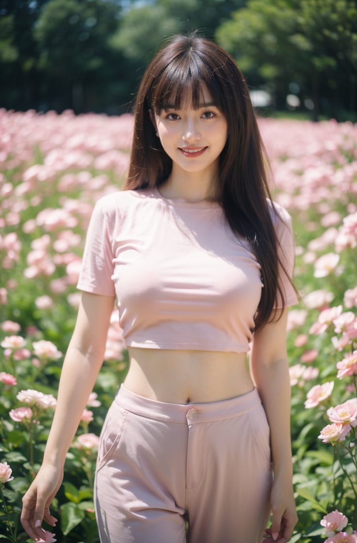 1girl, solo, outdoors, shirt, breasts, looking at viewer, brown hair, navel, flower, realistic, smile, pants, field, brown eyes, day, pink shirt, standing, long hair, sky, short sleeves, midriff, blurry, large breasts,  <lora:户外写实美女小姐姐:0.8>