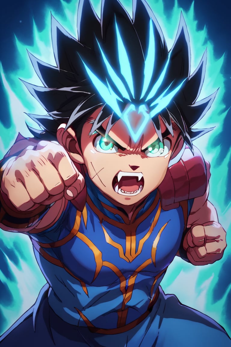 score_9,score_8_up,score_7_up,source_anime,1boy,solo,looking at viewer, Dai,black hair, green eyes,scar, scar on face, open mouth, Blue clothes,facial mark, aura, glowing, spiked_hair, clenched_fist, open mouth, fangs<lora:EMS-409148-EMS:1.000000>