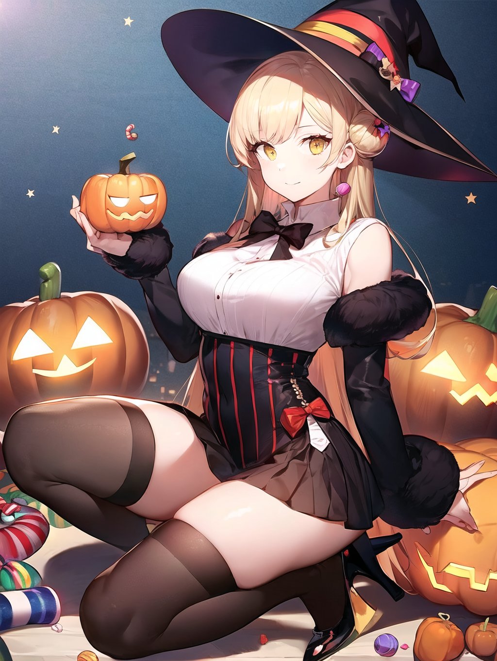 Masterpiece, best quality, hat, witch hat, 1girl, thigh high, candy, food, blonde hair, high heels, stripes, jack-o-lantern, yellow eyes, double bun, bow, looking at the audience, bow tie, solo, stuffed toys, breasts, halloween, bun, stuffed animals, candy canes, teddy bear, pumpkin, shirt, fluffy sleeves, stars (symbol), white shirt